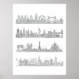 Poster Skyline em Londres Nova Iorque Paris São Fr