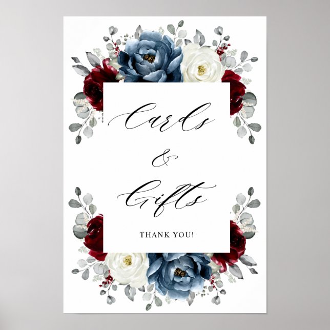 Poster Slate Blue Burgundy White Ivory Boho Cards e prese (Frente)