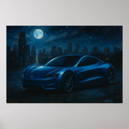 Poster Sleek Electric Car Under Full Moon