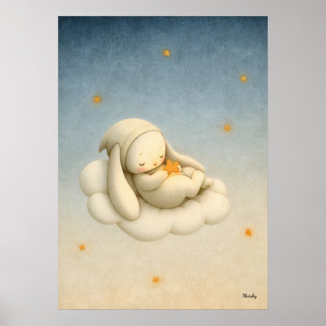 Poster Sleeping Bunny Cloud Nursery Baby Illustration (Frente)