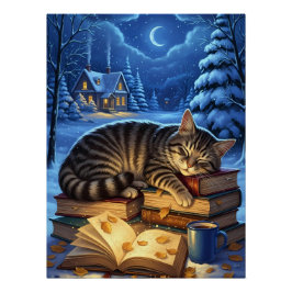 Pôster Sleeping Cat on Books Winter Night