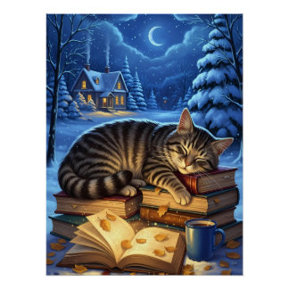 Pôster Sleeping Cat on Books Winter Night