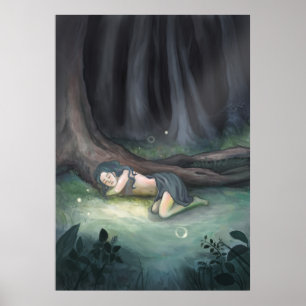 Pôster Sleeping in the Woods - Girl in Forest Painting
