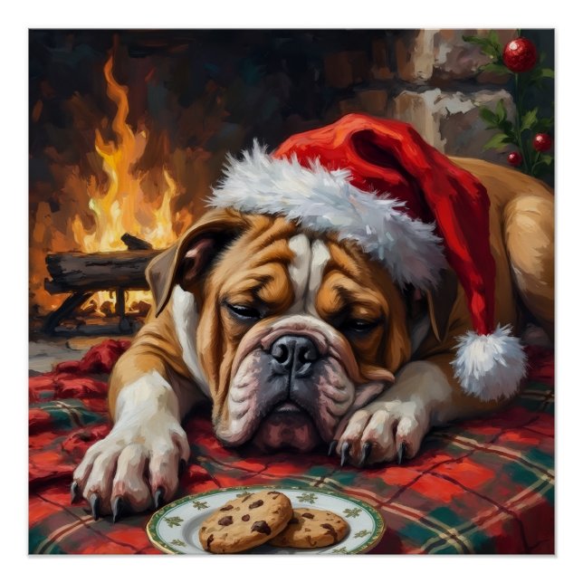 Pôster Sleepy Bulldog Dog Fast Asleep Santa Hat Christmas (Frente)