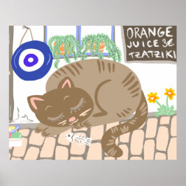 Poster Sleepy Greek Taverna Cat Mediterranean Scene