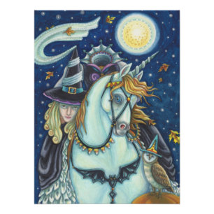 PÔSTER SLEEPY HOLLOW WITCH UNICORN OWL, HALLOWEEN FANTASY