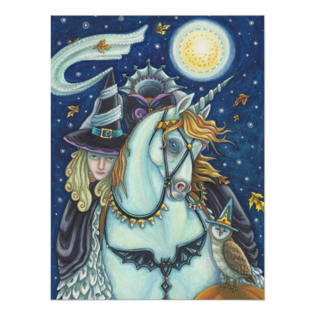 PÔSTER SLEEPY HOLLOW WITCH UNICORN OWL, HALLOWEEN FANTASY (Frente)