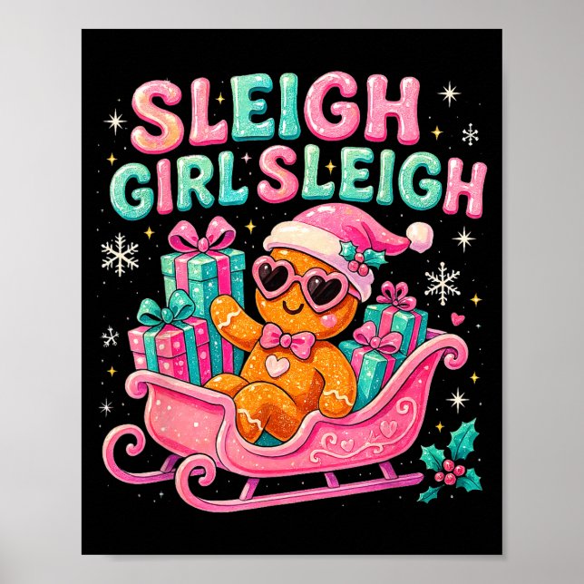Poster Sleigh Girl Cute Gingerbread Christmas Art  (Frente)