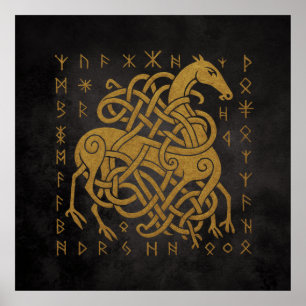 Poster Sleipnir, Cavalo Nórdico Dourado com Símbolo de Ru