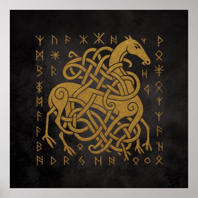 Poster Sleipnir, Cavalo Nórdico Dourado com Símbolo de Ru (Frente)