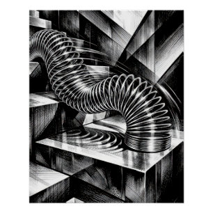 Pôster Slinky Monocromático Descendo Degraus de Cromo