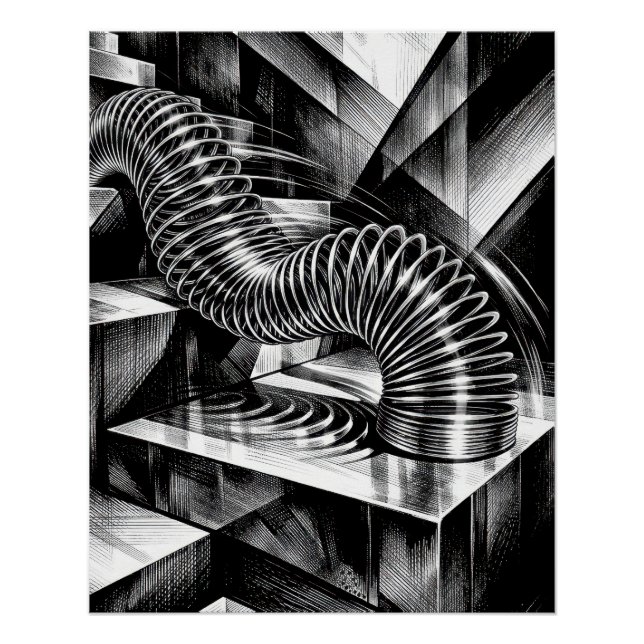 Pôster Slinky Monocromático Descendo Degraus de Cromo (Frente)