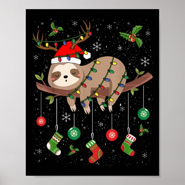 Poster Sloths Xmas Lighting Reindeer Santa Hat Sloth Chri (Frente)