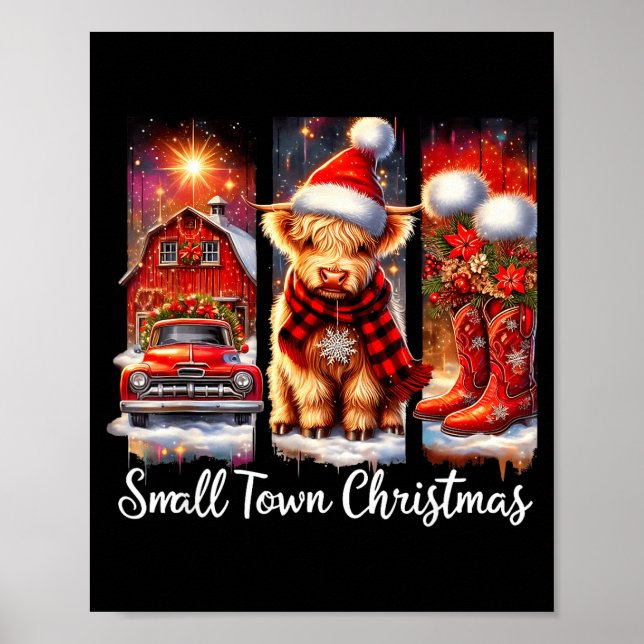 Poster Small Town Christmas Highland Cow Western Art  (Frente)
