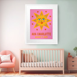 Poster Smiley Retro Sun PERSOM BABY NAME BIRTHDATE Art