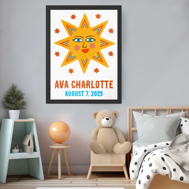 Poster Smiley Retro Sun PERSOM BABY NAME BIRTHDATE Art (Smiling Retro Boho Sun CUSTOM BABY NAME BIRTHDATE Art Poster
)