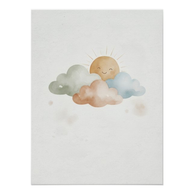 Pôster Smiling Sun Poster with Clouds/Cute Room Decor (Frente)