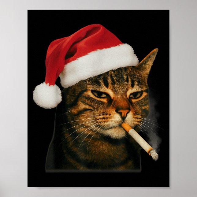 Poster Smoking Cat Cigarette Christmas Santa Hat Cat Meme (Frente)