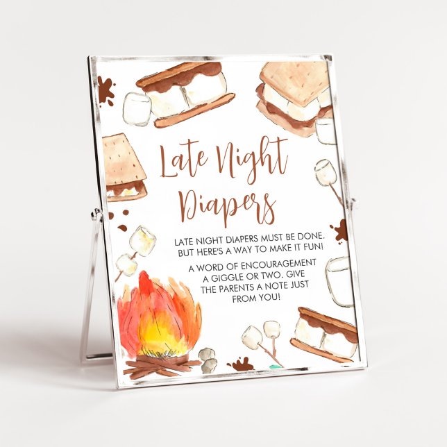 Poster S'mores acampando Fraldas noturnas Chás de fraldas (Smore Fun Baby Shower Late Night Diapers Sign)