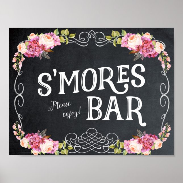 Pôster smores - sinal de bar chalkboard floral (Frente)