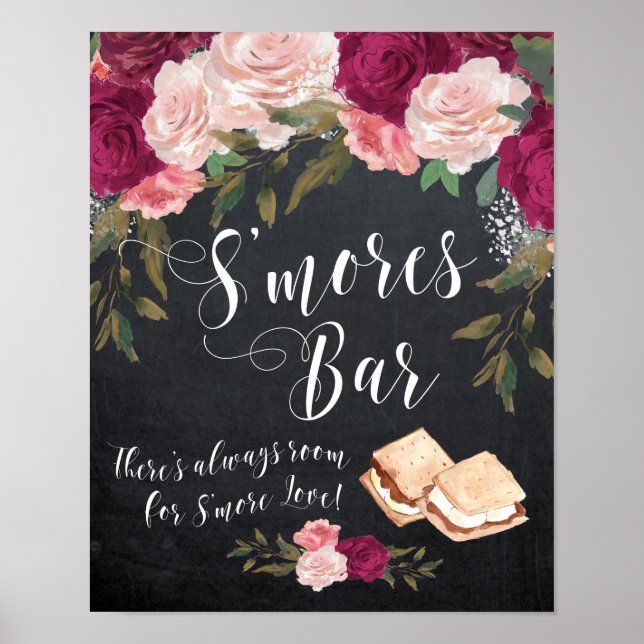Pôster smores - sinal de bar chalkboard floral (Frente)