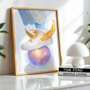 Poster Sneaker com asa de ouro em uma órbita brilhante