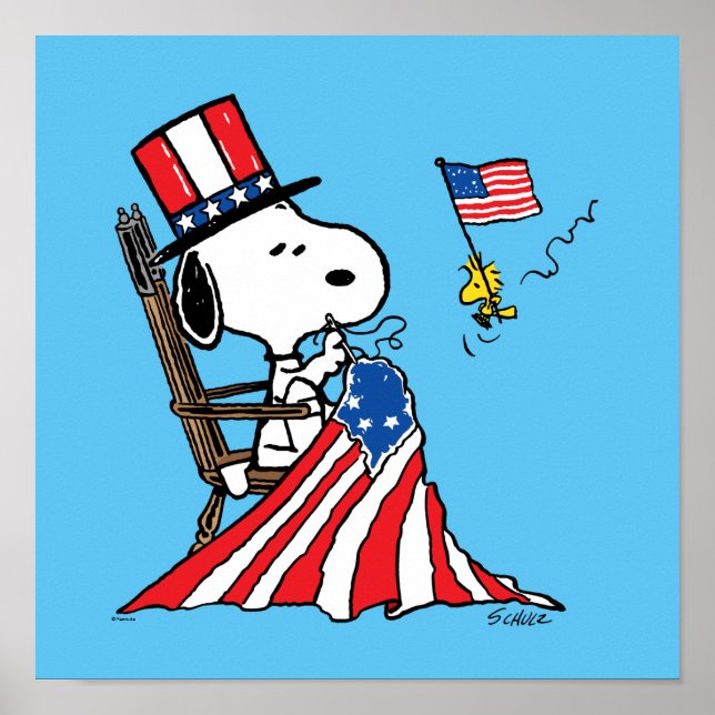 Poster Snoopy Sewing 4 de julho Flag (Frente)