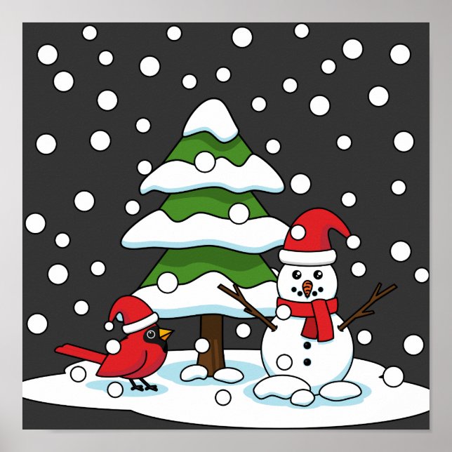 Poster Snow Falling on Cardinal, Snowman and Pine Tree (Frente)