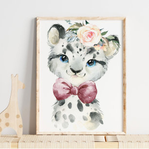 Poster Snow Leopard Floral Baby Nursery Print