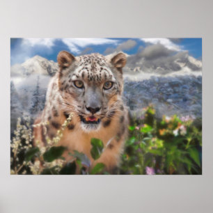 POSTER SNOW LEOPARD SPRINGTIME FLOWERS