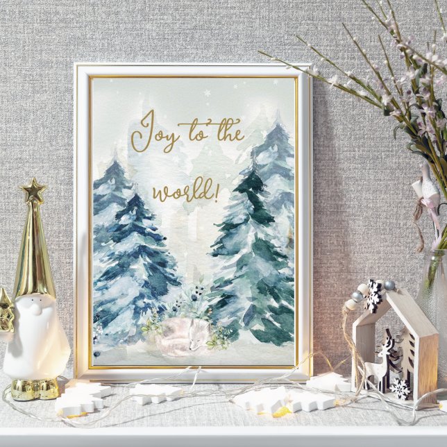 Poster Snow Winter Wonderland Woodland Animal (Winter Wonderland "Joy to the world" Woodland animal surrounded by Christmas Trees.)