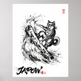 Poster Snowboard Brush Art - Snowboarder Dog Shiba ポスター