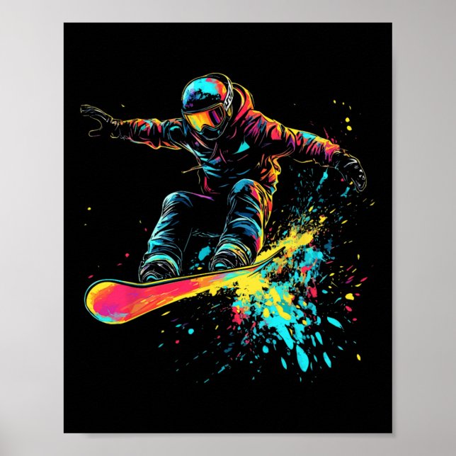Poster Snowboard Color Paint Splash Snowboarder Downhi (Frente)