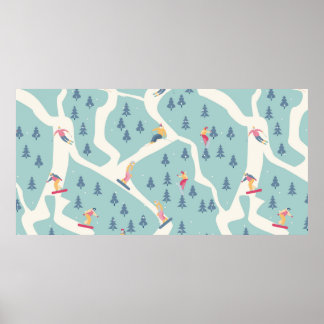 Poster Snowboarders e esquiadores andam na estância de es