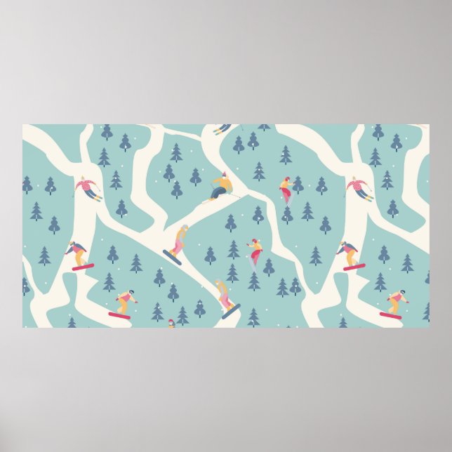 Poster Snowboarders e esquiadores andam na estância de es (Frente)