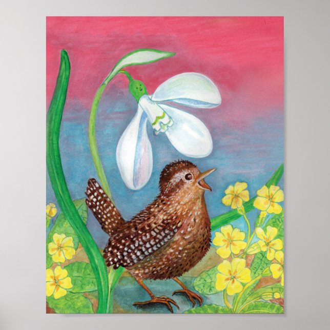 Poster Snowdrop e wren bird convocam o berçário de primav (Frente)