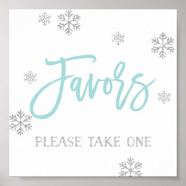 Poster Snowflakes prateado e Sinal de Favor Chic Azul (Frente)