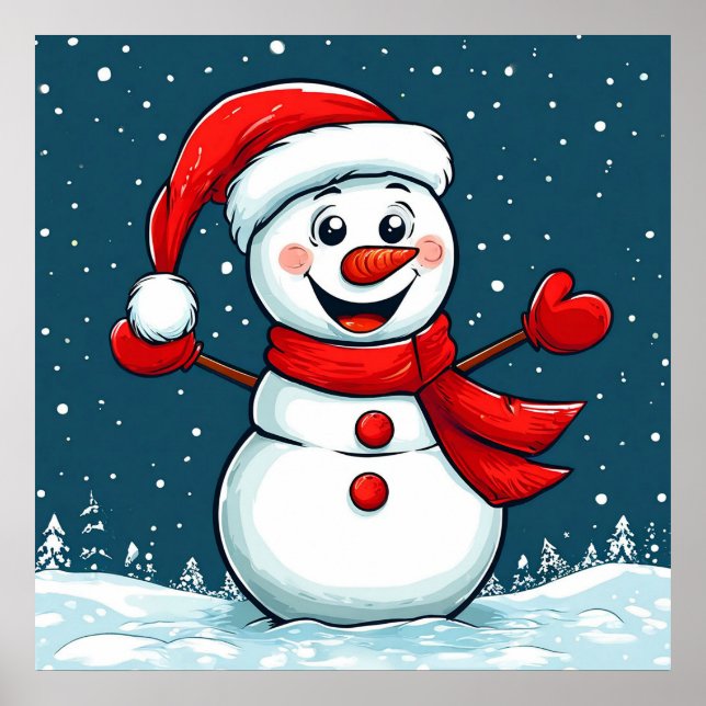 Poster Snowman animado em Santa Hat com Scarf (Frente)