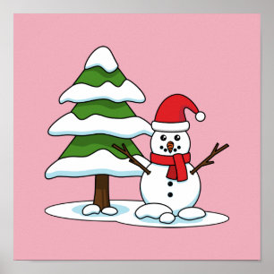 Poster Snowman com Snowy Pine Tree