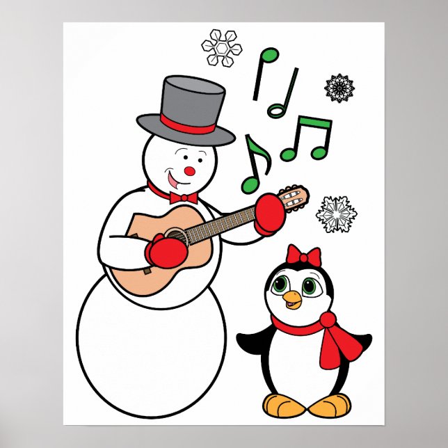 Poster Snowman de Natal, Pinguim e Violão (Frente)