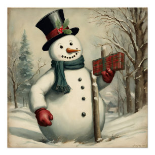 Pôster Snowman e Ilustração de Inverno de Presente de Nat