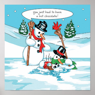 Poster Snowman Engraçado com Cartoon de Chocolate Quente