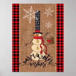 Poster Snowman Feliz Natal com Xadrez e Burlap