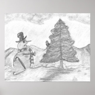 Poster Snowman Grayscale Pencil drawing christmas scene