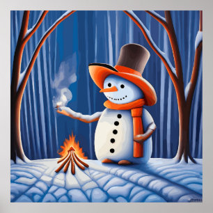 Poster Snowman no acampamento noturno