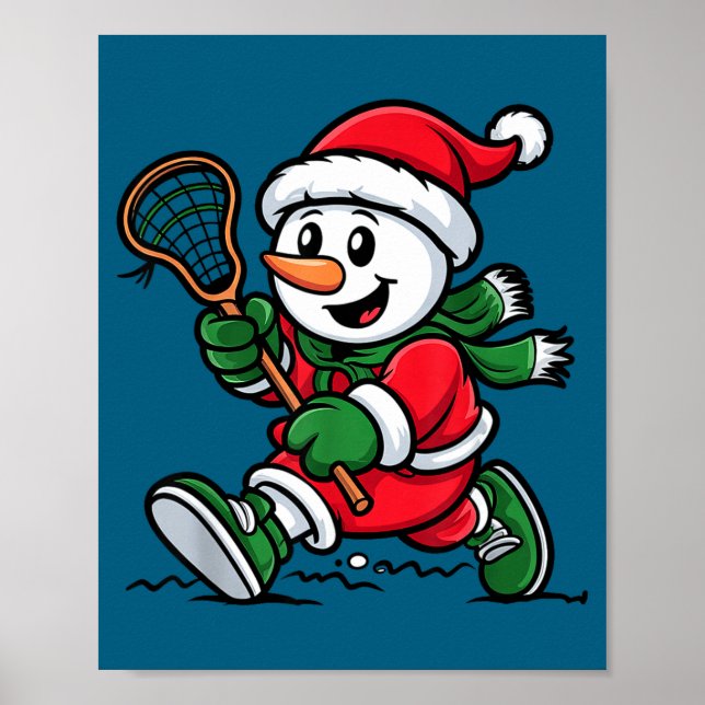 Poster Snowman Santa Hat Playing Lacrosse Christmas Playe (Frente)