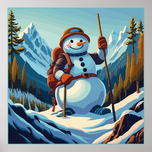 Poster Snowman sobe montanhas no Natal (Frente)