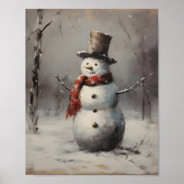 Poster Snowman Sorrindo Vestindo Chapéu E Scarf Vermelho 