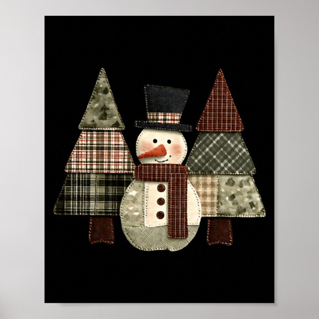 Poster Snowman Trees Patchwork Plaid Trees Rustic Christm (Frente)