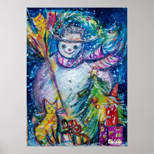 Pôster SNOWMAN WITH TOYS, white blue yellow (Frente)